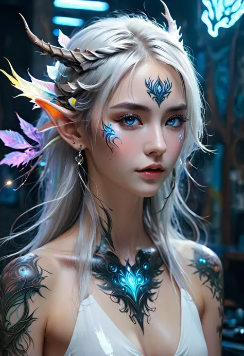 2 guys ethereal demonic 25 year old anime guy male druids, with metallic long hair, delicate masterpieceintimate delicate etched glowing neon tattoos, Fabulous full view painting of a winking beautiful and gorgeous elf ((male)) almostkissing, perfect face,...