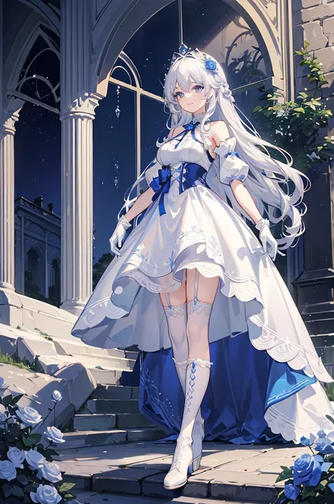 a woman with white hair and blue eyes、adult、long, fluffy wavy hair、braiding、wearing hair ornaments、smiling、princess、white gloves...