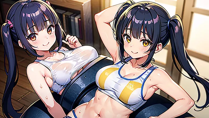 gesugaoをしながらtitfuckをするsasaki kanna, yellow tank top, underboob, sweat, black hair twin tails, guess face, smile, crazy smile, 勝ち...