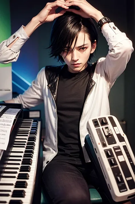 emo boy playing piano in his psychedelic music studio watching the matrix