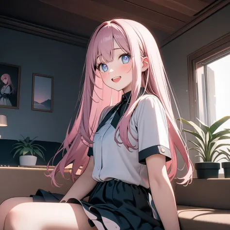 (8K, best quality, master piece: 1.2),super high resolution,1 girl,solo,16yo,,ultra-detailed face,detailed eyes, pink hair,long hair,straight hair,Short sleeve layered dress,happy,(Cute momonga is flying around the room),1 flowerpot of Dracaena,rim light,T...