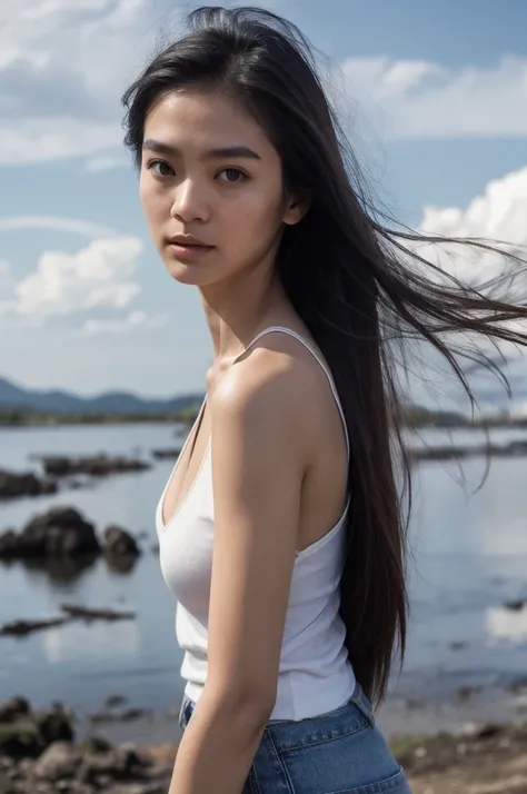 Thai women, Leaner figure、View the viewer, Long Hair, v neck white shirt, jeans, cloud, Day, null,Outdoor, Post-apocalyptic, France, scenery, wood, water,High resolution, Anatomically correct, Highest quality, Close-up, 