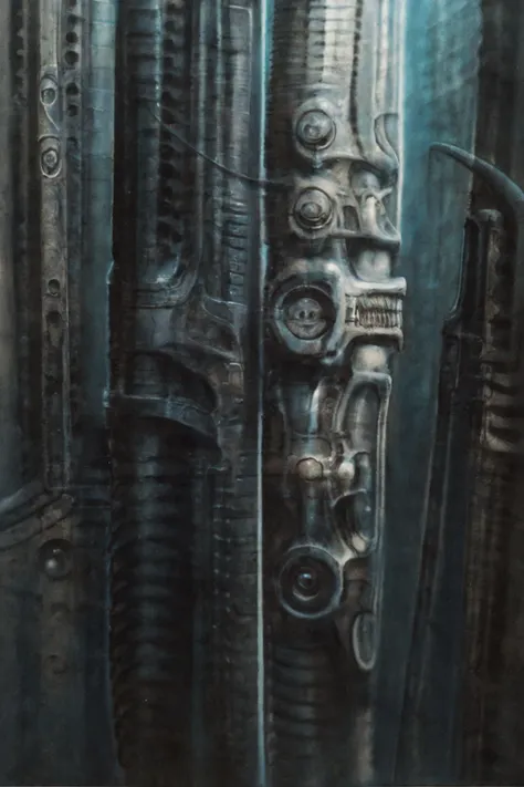 xgiger, the image is a detailed view of h.r. giger's biomechanical tableau \" landscape no 312 \" plate, featuring
a complex, in...