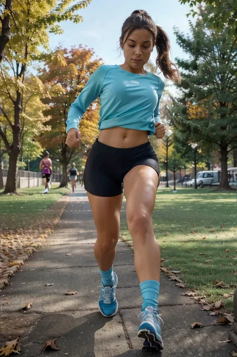 A woman running in a park during autumn. She has long brown hair tied in a ponytail and is wearing a light blue workout outfit with running shoes.. The park is full of colorful leaves on the ground and trees. Ao fundo, there are other runners and people wa...