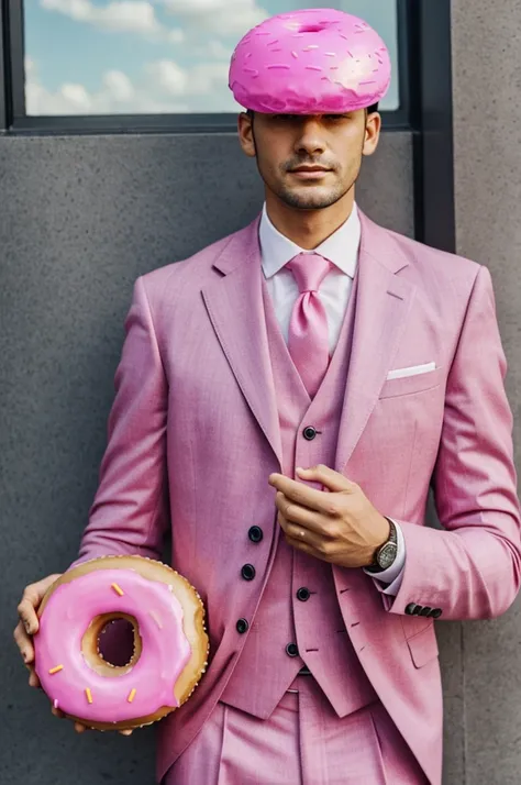 Man in a suit without a head but with a pink donut instead 