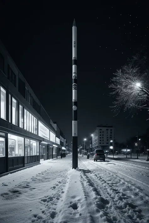 a surreal collage that fuses pencil drawing and photography in black and white and some lines in dark blue with the theme of snow and the city