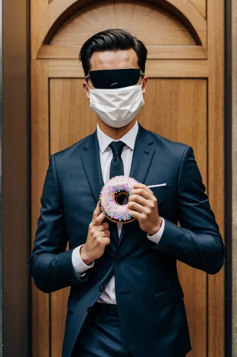 Man in a suit with a donut covering his face completely