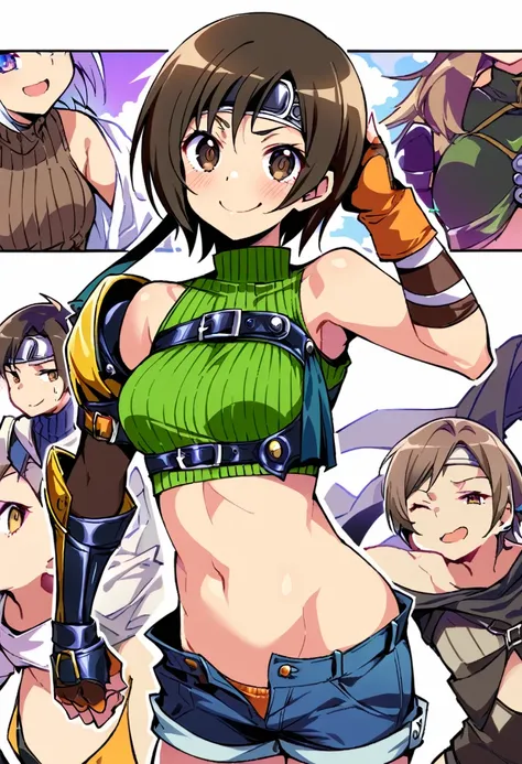 score_9, score_8_up, score_7_up,,BREAK , dynamicangle.,mediumshot,(Standing pose),soro focus,1girl, yuffie kisaragi, final fantasy, short hair,headband,navel,sleeveless,turtleneck,brown eyes,sleeveless turtleneck,solo,breasts,looking at viewer,smile,gloves...