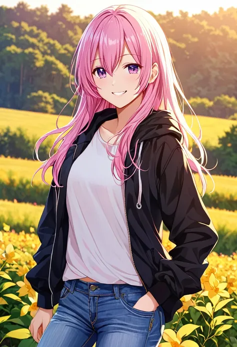 Megurine Luka smile casual clothes jeans pants colored morning peace upper body