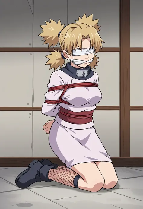 score_9, score_8_up, score_7_up, score_6_up, score_5_up, score_4_up, BREAK, source_anime, ytemari, 1girl, blonde hair, quad tails, fishnets, purple garment, sash, hands behind back, frown,crying, full body, on knees, hogtied. sideview looking at viewer, so...