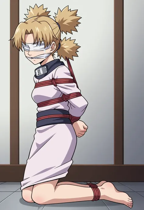 score_9, score_8_up, score_7_up, score_6_up, score_5_up, score_4_up, BREAK, source_anime, ytemari, 1girl, blonde hair, quad tails, fishnets, purple garment, sash, hands behind back, frown,crying, full body, on knees, hogtied. sideview looking at viewer, so...