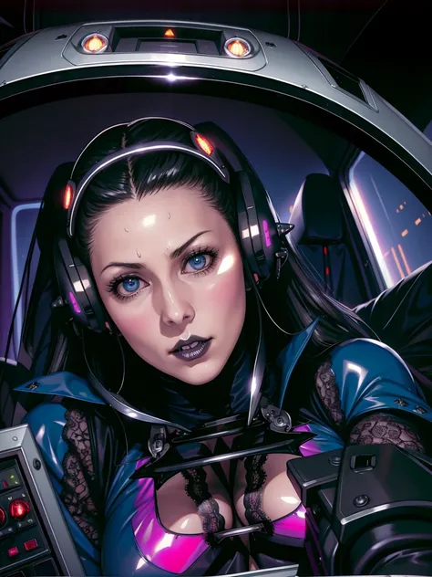 (((gothic vampire piloting) in gothic spacecraft)), (((retro anime))), ((from below)), ((120 fov)), ((((gothic)) control panels)), (((mature))), (((gothic))), (iridescent) bodysuit, ((((lace accessories)))), ((pilot seat)), ((((lying back)) pose)), (((eleg...