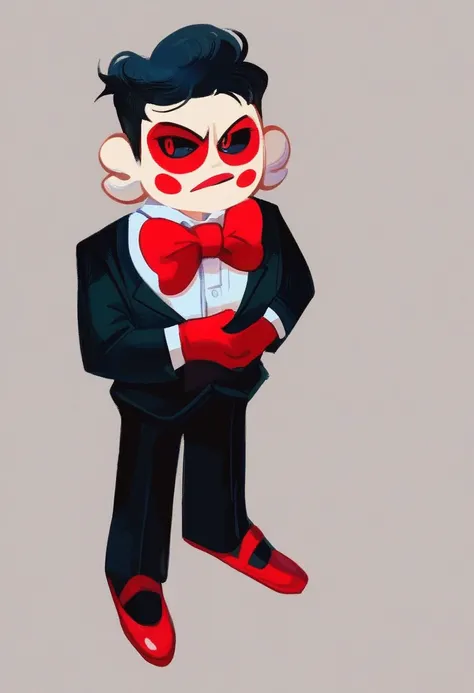 billy, 1boy, solo, full body,  white face paint, red cheeks, black tuxedo with a white shirt and gloves, red bow tie, red handkerchief in the breast pocket, red Mary Janes, red eyes, black sclera, red lips, long black hair, small, short