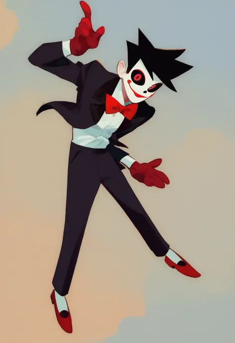 billy, 1boy, solo, full body,  white face paint, red cheeks, black tuxedo with a white shirt and gloves, red bow tie, red handkerchief in the breast pocket, red Mary Janes, red eyes, black sclera, red lips, long black hair, small, short