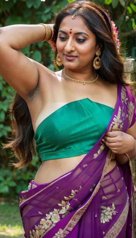 Foto RAW, photorealistic, photography, full body shot, 60 years old Woman, mascara, eye kajal, juicy figure, master shot, perfect eyes, goddess like beauty, pierced eyes, perfect thick chubby mallu Desi aunty bhabhi, Wearing a Stanapatta, a chest-band.Sare...