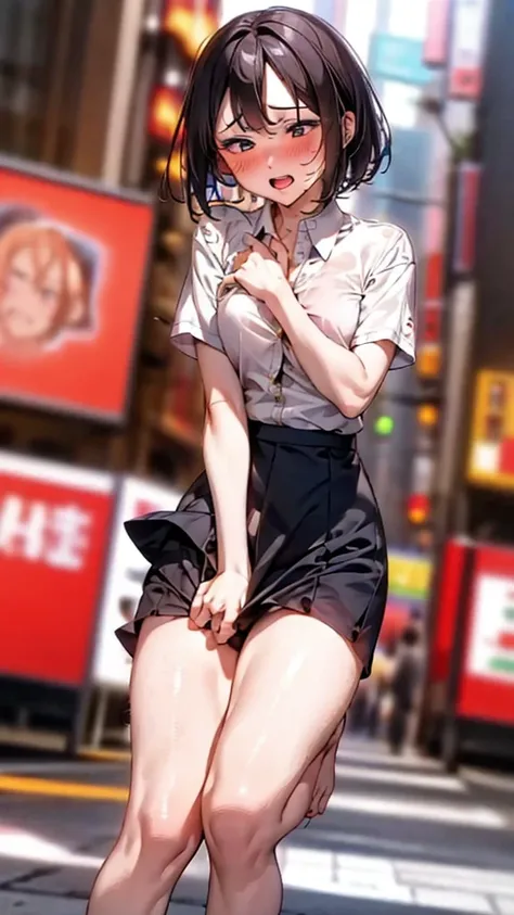 Crowd in the background,masterpiece,Highest quality,High resolution,Anatomically correct,business suit,Short Sleeve Button Down Shirt,Short skirt,Sweat,barefoot,Glowing Skin,Ahegao,Forehead,Long Bob,ID card,vibrator,