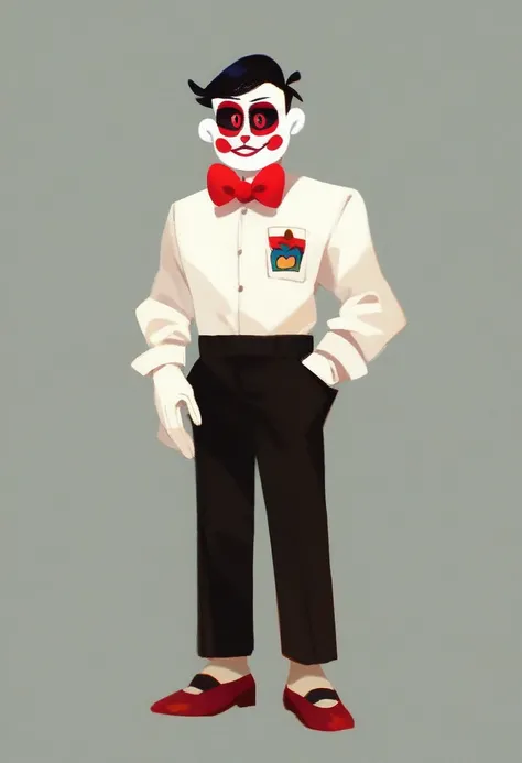 billy, 1boy, solo, full body, white face paint, red cheeks, black tuxedo with a white shirt and gloves, red bow tie, red handkerchief in the breast pocket, red Mary Janes, red eyes, black sclera, red lips, long black hair, small, short, white gloves