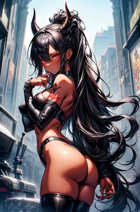 masterpiece, super detailed, high resolution, precision art, highly seductive anime girl. sexy and alluring, flawless dark red demonic skin, succubus, symmetrical face, beautiful olive eyes, flowing black hair, her very presence oozes seduction and allure,...