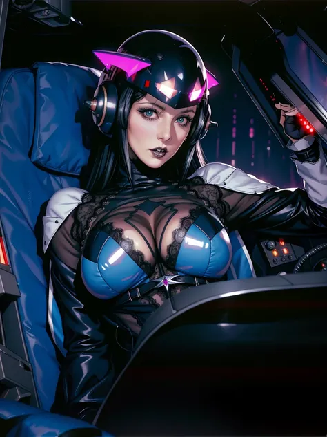 (((gothic vampire piloting) in gothic spacecraft)), (((retro anime))), ((from below)), ((120 fov)), ((((gothic)) control panels)), (((mature))), (((gothic))), (iridescent) bodysuit, ((((lace accessories)))), ((pilot seat)), ((((lying back)) pose)), (((eleg...