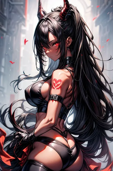 masterpiece, super detailed, high resolution, precision art, highly seductive anime girl. sexy and alluring, flawless dark red demonic skin, succubus, symmetrical face, beautiful olive eyes, flowing black hair, her very presence oozes seduction and allure,...