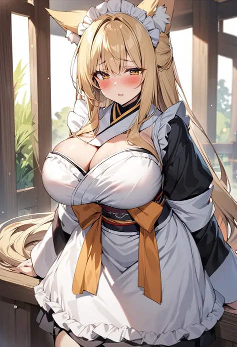 One girl, correct, Animal ears, Blonde, Fox Ears, Huge breasts, Long Hair, blush, alone, kimono, Maid&#39;s Headdress, Yellow Eyes, White Background, Hair between the eyes, Young Girl,[[[Realistic]]],Lips parted,Shiny,Shiny skin,fox-hirume,An unparalleled ...