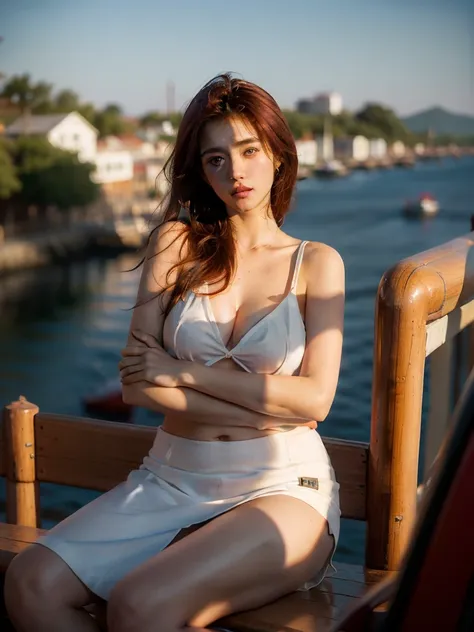 (full body shot:1.3), Best quality, 20y, (chubby:1.2), 1girl, kazakh, wearing floral tanktop, skirt, big breast, (sexy:1.2) (redhead:1.2), hair blowing in the wind, moody, deep shadow, posing in harbor, detailed face and eyes, (perfect object:1.2), portra ...