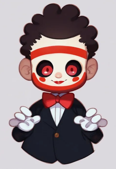 billy, 1boy, solo, full body, white face paint, red swirl cheeks, black tuxedo with a white shirt and gloves, red bow tie, red handkerchief in the breast pocket, red Mary Janes, red eyes, black sclera, red lips, long black hair, small, short, white gloves