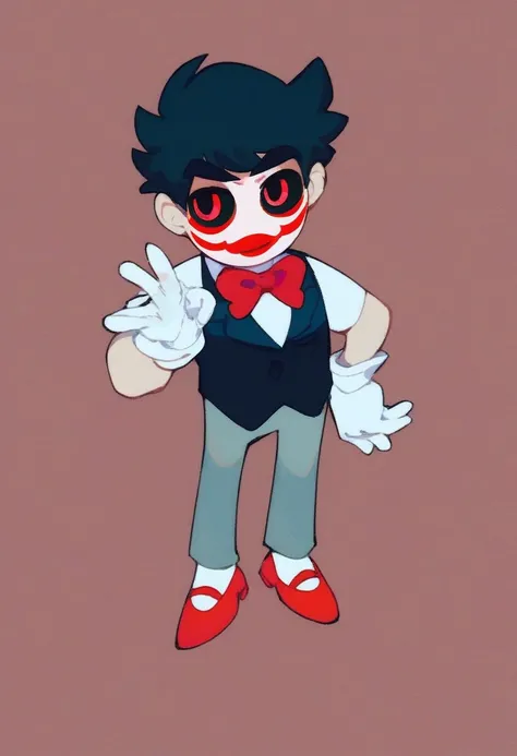 billy, 1boy, solo, full body, white face paint, red swirl cheeks, black tuxedo with a white shirt and gloves, red bow tie, red handkerchief in the breast pocket, red Mary Janes, red eyes, black sclera, red lips, long black hair, small, short, white gloves