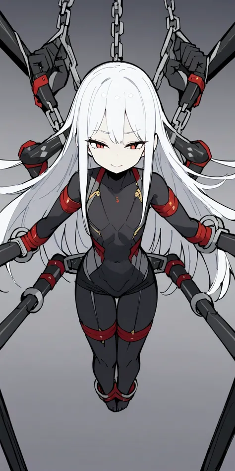 Anime Girls、Toned Abs、White Hair、Long Hair、detailed、Highest quality、masterpiece、Shorts、belly button、alone、Skinny body、Black bodysuit、Narrow waist、smile、Being restrained、handcuffs、bondage