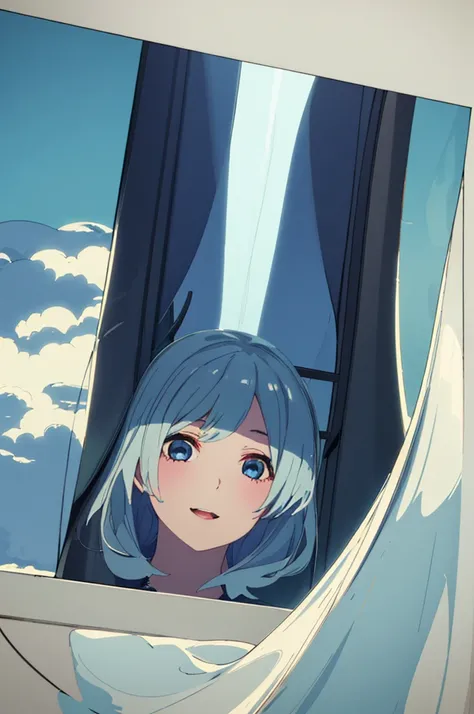 masterpiece, top quality, cinematographic frames, A girl, floating in the sky, cloud girl, clouds, (close up: 1.1), bright, happy, funny, Soft lighting, (bauhaus, form, Line, abstract: 1.1), babydoll