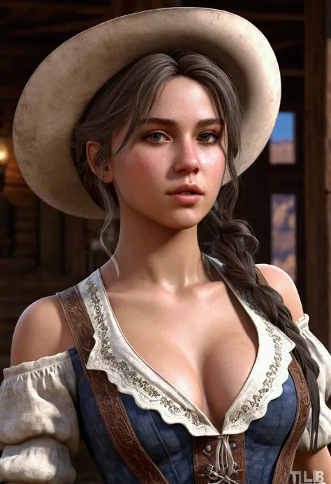 Hyper Realistic 1girl in Old West Clothing, Fantasy Art, Photorealistic, Dynamic Lighting, Artstation, Highly Detailed Face, 4K, Award Winning, cleavage