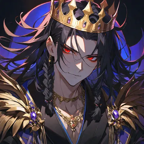 alone,good looking, 
1. male,
bangs,Straight hair,Bob Hair,
Black Hair, 
Satoru Gojo ,noble,
Red eyes,
beautiful,Sexy,darkness,Gold Necklace,
Black suit ,King,crown,Slender,
Black Background ,High resolution, sit,Darkness,devil,Black light,iconSolo, Close-...