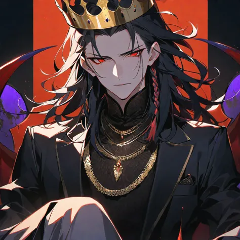 alone,good looking, 
1. male,
bangs,Straight hair,Bob Hair,
Black Hair, 
Satoru Gojo ,noble,
Red eyes,
beautiful,Sexy,darkness,Gold Necklace,
Black suit ,King,crown,Slender,
Black Background ,High resolution, sit,Darkness,devil,Black light,iconSolo, Close-...