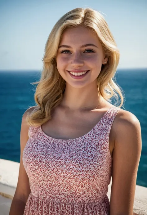 arafed woman in summer dress tank top next to the ocean, beautiful blonde girl, alexa grace, wearing tight summer dress, slight cute smile, cute seductive smile, good young girl, blonde goddess, tight dress, clothed in summer dress, beautiful and smiling, ...