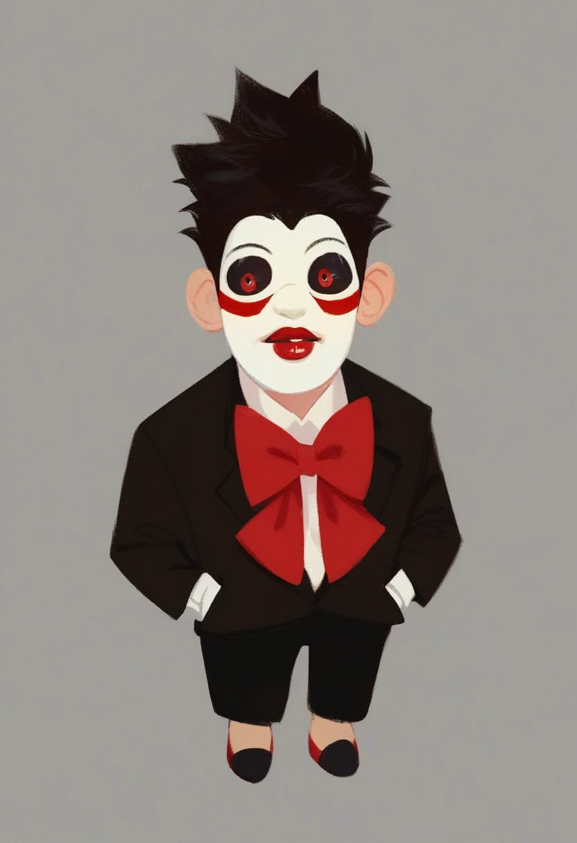 billy, 1boy, solo, full body, white face paint, red swirl cheeks, black tuxedo with a white shirt and gloves, red bow tie, red handkerchief in the breast pocket, red Mary Janes, red eyes, black sclera, red lips, long black hair, small, short, white gloves