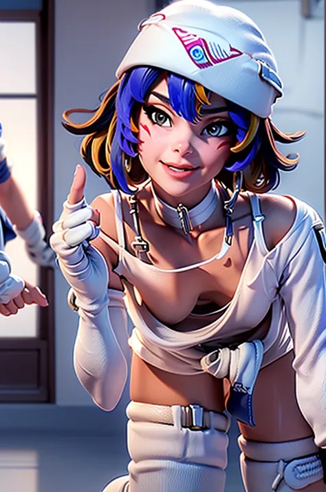 ((masterpiece, best quality)), 1girl, solo, Kiriko LeSserafim, upper body, short hair, brown eyes, multicolored hair, blue hair, yellow highlights, bangs, pink headwear, hair between eyes, (white off-shoulder shirt:1.5), ((gloves:1.5)), pointing to her fac...