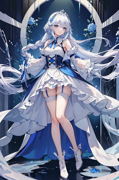 A woman with white hair and blue eyes、adult、Long, fluffy wavy hair、Braiding、Wearing hair ornaments、Smiling、Princess、White gloves、Blue sheer dress、See-through、race、ribbon、Decorations such as roses and drops、The dress is short in the front and long in the ba...