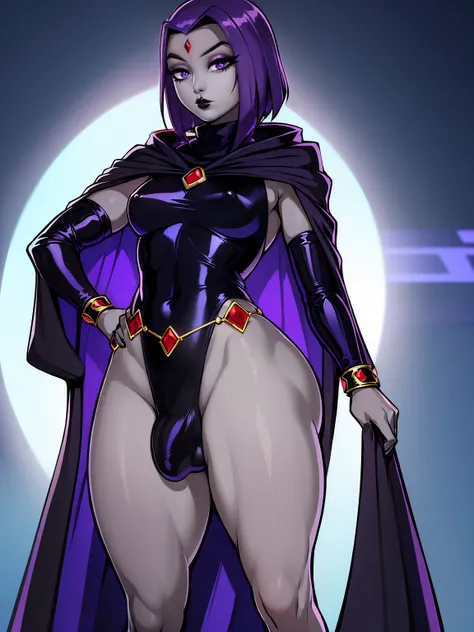 (solo:1.1),(masterpiece), (best quality:1.3), ultra detailed, intricate, professional art, digital art, absurdres, shadraven, (Full body view:1.1), 1girl, solo, (grey skin:1.4), dark purple hair, bob hair, purple eyes, hips wider than shoulders, pear shape...