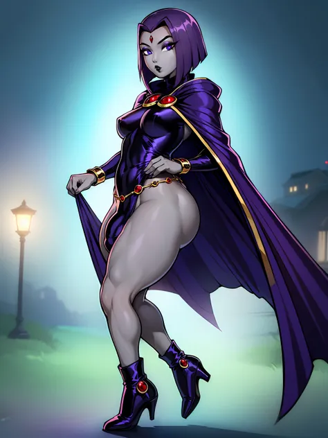 (solo:1.1),(masterpiece), (best quality:1.3), ultra detailed, intricate, professional art, digital art, absurdres, shadraven, (Full body view:1.1), 1girl, solo, (grey skin:1.4), dark purple hair, bob hair, purple eyes, hips wider than shoulders, pear shape...