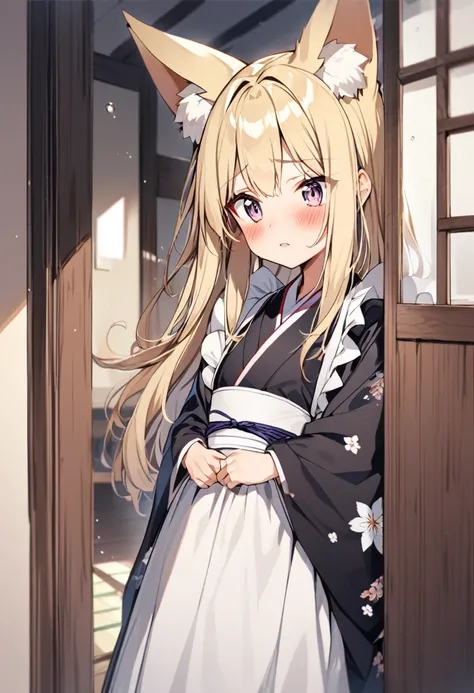 One girl, correct, Animal ears, Blonde, Fox Ears, Long Hair, blush, alone, kimono, Maid&#39;s Headdress, Yellow Eyes, White Background, Hair between the eyes, Young Girl,[[[Realistic]]],Shiny,Shiny skin,fox-hirume,An unparalleled masterpiece,Intricate deta...