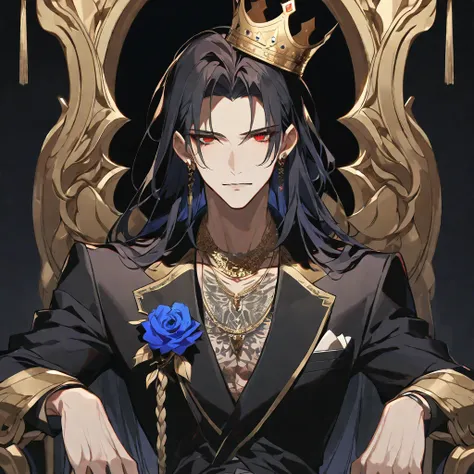 alone,good looking, 
1. male,
bangs,Straight hair,Bob Hair,
Black Hair, 
Satoru Gojo ,noble,
Red eyes,
beautiful,Sexy,darkness,Gold Necklace,
Black suit ,King,crown,Slender,Blue Rose Tattoo,
Black Background ,High resolution, sit,Darkness,devil,Black light...