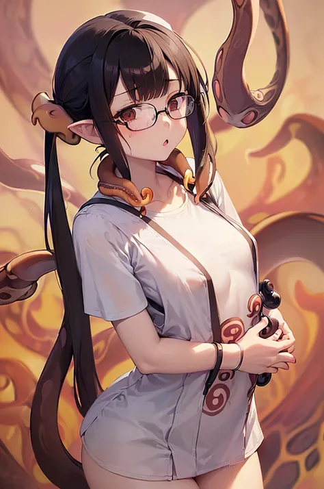 masterpiece, best quality,anime style, 1 girl,(((slender body))), (((small eyes,small breast,breast milk,breastfeeding a baby))),(((nurse uniform,glasses))),(((((brown tentacles bound a girl))))),((((cum)))), (beautiful face), (((short twintail))), (((stra...