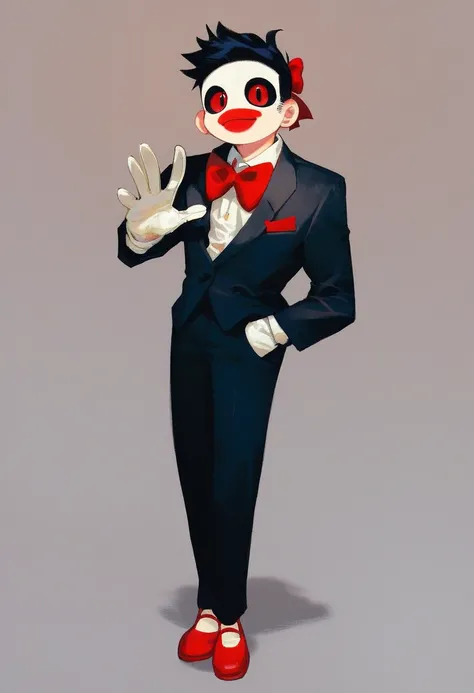 billy, 1boy, solo, full body white mask, red cheeks, black tuxedo with a white shirt and gloves, red bow tie, red handkerchief in the breast pocket, red Mary Janes, red eyes, black sclera, red lips, long black hair, small, short, white gloves