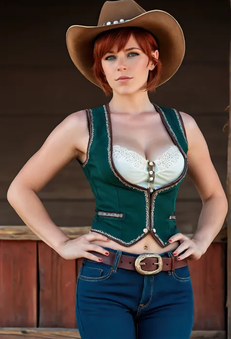 1girl, cowboy hat, white bra, green vest, no sleeve, navel, blue jeans, brown boots, fingerless short gloves, short hair, red hair, parted bangs, blue eyes, mole under right eye, slight smile, american old west, best quality, masterpiece