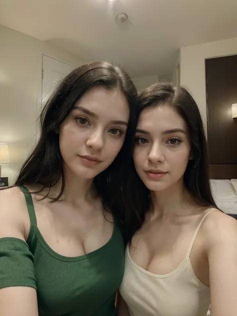 Selfie, Ultrarealistic, pretty face, pale skin, black hair, cleavage, wearing a green top, (selfy with front camera), upper body, in a hotel room, with friend next to her