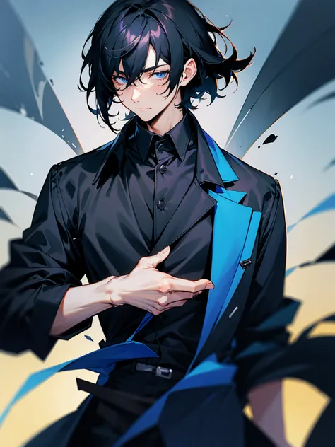 1male, black hair, medium hair, tied to the back, black shirt, dark blue jacket, tired expression 