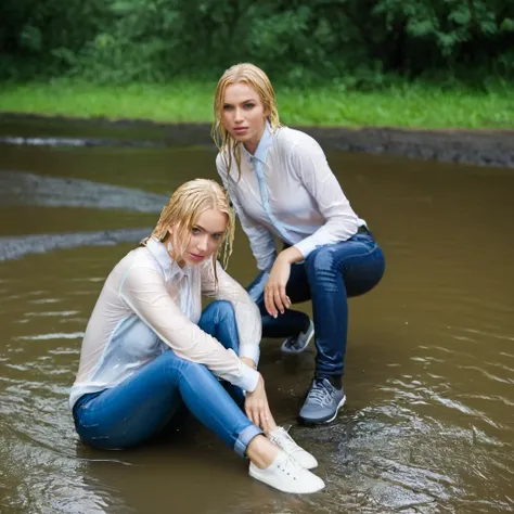 two women, jeans, sneakers, blonde hair, blue eyes, in the rain, wet shirt, wet blouse, white blousesoaked hair, sitting in a creek in the water