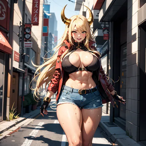 ((best quality)), ((masterpiece)), (detailed), 1girl, one girl, 8k_wallpaper, extremely detailed eyes, extremely detailed body, beautiful face, perfect face, detailed ((blonde hair)), (gold eyes), (( big blue horns)), {{dark skin}}, ({dark skinned female})...