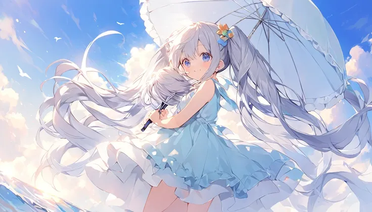 girl、One person、whole body、Silver Hair、long hair、Hair blowing in the wind、Twin tails、Cute hair accessories、A big smile、Frilled dress、under the summer sky、She is looking at me with a parasol over her shoulder