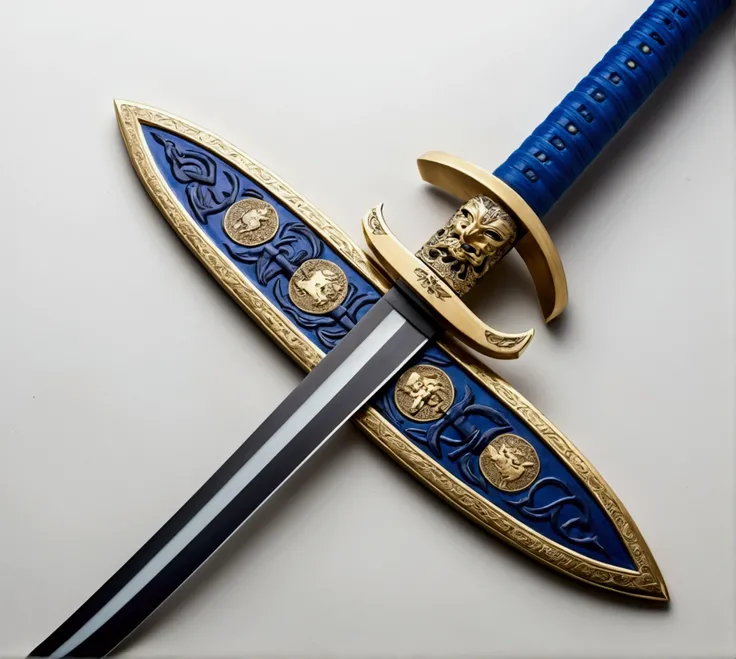 White katana, with the Tsuba in the shape of the coat of arms of Nicaragua and a blue handle